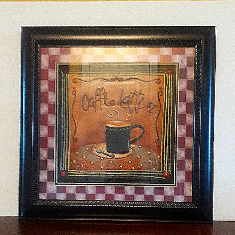 Vtg Caffe Latte Framed 3D Enclosed In Glass Signed By LoriLynn Simms Designer